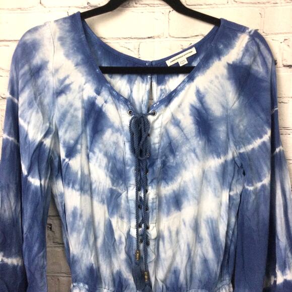 American Eagle Outfitters Tie Dye Ruffle Flare Sleeve V-Neck Lace Up Romper M - Picture 2 of 16